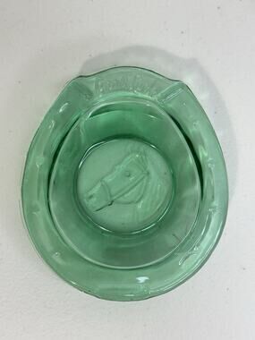 Good Luck Horseshoe Shaped Green Glass Ashtray Horse Head Coin/Trinket Dish VTG